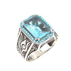 925 Sterling Silver Rectangular Aquamarine Stone Men's <b>Ring</b> Geometric Fine Jewelry for Everyday Wear Oval Cut Platinum GRS - Product Image 2