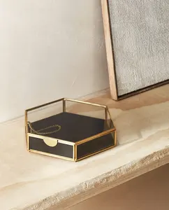 Новое поступление, Лидер продаж, винтажный первоклассный прозрачный стеклянный металлический каркас с золотой отделкой с деревянной основой, ящик для хранения украшает стол