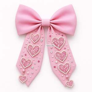 Custom Valentine <b>Pink</b> Beaded <b>Bow</b> Fashion Hair Accessories With Heart Beadwork - Product Image 5