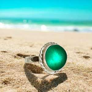 แหวนแก้วทะเลสีเขียวมรกตแท้ปรับได้แหวนเงินทำด้วยมือเครื่องประดับแก้วชายหาด925เงินสเตอร์ลิง - Product Image 3