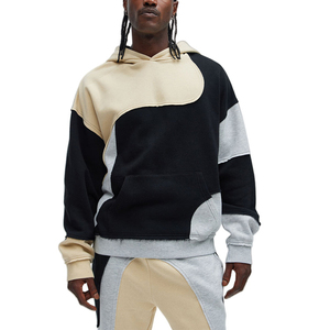 Sweat à capuche de haute qualité à épaules tombantes, patchwork, surdimensionné, poche kangourou, bloc de couleur, noir, gris, ivoire, sweat à capuche pour homme - Product Image 1