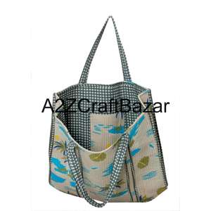 Sac fourre-tout matelassé en coton pour femmes, fabriqué à la main avec un imprimé indien en bloc, pour le shopping, la plage, les voyages et le bureau - Product Image 4