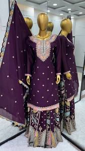 Traje Sharara de Diseño para Mujer, con Bordado de Hilo de Seda Chinon y Piel Sintética, con Lentejuelas, por FabZone - Product Image 3