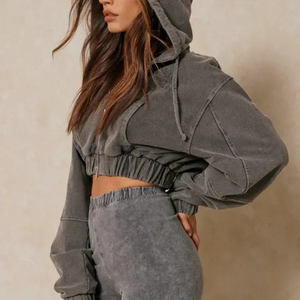 Sweat à capuche court de haute qualité, lavage à l'acide, imprimé personnalisé, 100% coton, sweat à capuche court d'hiver pour femmes - Product Image 6