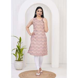 Femme Multicolore Chevron/Zig Zag Droit Kurti Pur Coton XL Taille Soie Brodé Bouton Respirant Mode pour le Printemps - Product Image 4