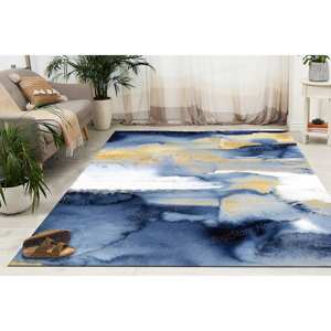 Alfombra Moderna con Estampado Abstracto, Diseño de Chenilla Dorada, Pintura Azul y Dorada, con Pelo Suave - Product Image 1
