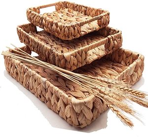 Lot de 3 plateaux de service en rotin tissé de forme rectangulaire de différentes tailles vaisselle en rotin plateaux de nourriture de dessert - Product Image 1