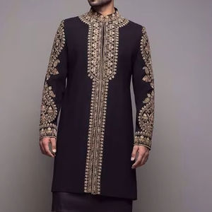 2024 nouveau-éblouissant-broderie marié Sherwani Kurta et pantalon ensemble respirant noir cristal perles de verre Dabka travail accessoire de mariage - Product Image 1