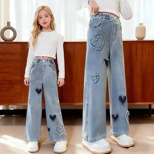 Jeans de Mezclilla para Niñas, Cintura Alta, Pierna Ancha, Parche de Corazón, Estilo Y2K, Corte Holgado, Pantalones Casuales para Niños, Tallas XS-XL - Product Image 4