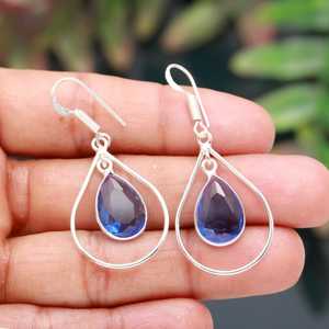 Handmade 925 Sterling Silver Tanzanite <b>Quartz</b> Earring Blue Colour Pear Shape Gemstone Bezel Jewelry Gift - Product Image 4