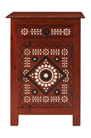 Mesa Auxiliar de Madera Tallada Estilo Bohemio, Mesita de Noche Rústica de Madera Maciza con Patrones Étnicos, Diseño Moderno, 2 Cajones para Apartamento o Dormitorio