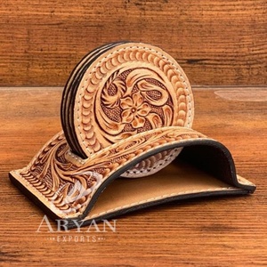 Ensemble de sous-verres en cuir véritable fait main sur mesure avec support, 4 pièces, sous-verres en cuir véritable, tapis de table basse, sous-verres pour tasses - Product Image 1