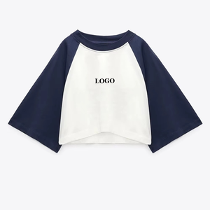 Diseño cómodo Bloque de color Mangas sueltas Mujeres Crop Top Precio al por mayor Regular Fit Cuello redondo para mujeres Transpirable - Product Image 4