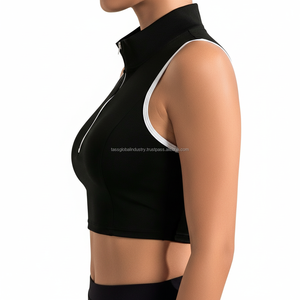 เสื้อครอปแขนกุดคอสูงสำหรับผู้หญิง แบบซิปครึ่งตัว ทรงสลิมฟิต บราในตัว แต่งขอบตัดกัน เหมาะสำหรับโยคะและออกกำลังกาย - Product Image 3