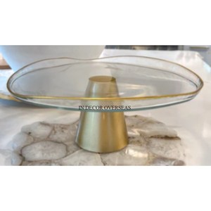 Base de metal resistente chapada en oro de venta mundial con espejo de vidrio transparente hecho con forma ovalada y suministros de cuencos decorativos - Product Image 1