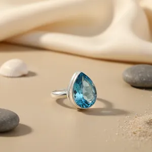 Bague Art Palace en argent 925 avec topaze bleue taille poire, sertie clos, classique et luxueuse, pour femme, avec expertie tierce - Product Image 1