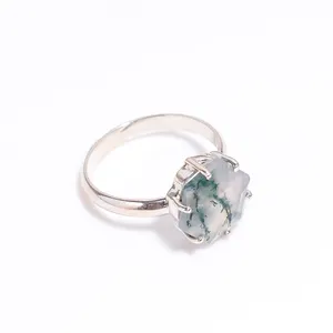 Натуральный зеленый мох Агат камень 925 стерлингового серебра шестигранной формы ручной работы в винтажном стиле; Оптовая продажа кольцо для помолвки, прекрасный подарок для нее