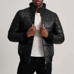 Lucas Genuine Sheepskin Leather Puffer Bomber <b>Jacket</b> Water-Proof Zippered Streetwear with Hooded Collar Sizes XS to 6XL - Product Image 1