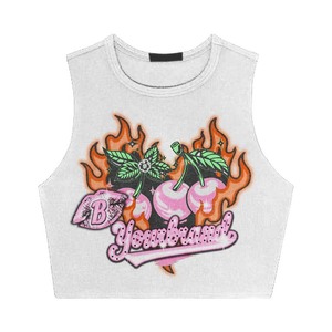 Camiseta corta sin mangas para mujer, 240GSM, algodón, color negro, estampado de cereza en llamas, impresión DTG, logotipo personalizado, estilo streetwear, transpirable. - Product Image 3