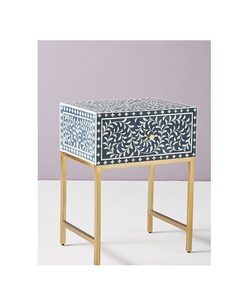 Table basse en os incrusté, finition antique avec tiroir de rangement, artisanat traditionnel, meuble de salon - Product Image 2