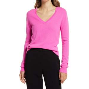 Maglione Nordstrom Essential da donna in cashmere con scollo a V, vintage, casual, traspirante e caldo per autunno/inverno, colore rosa flash, taglia piccola, con dettagli frontali - Product Image 1