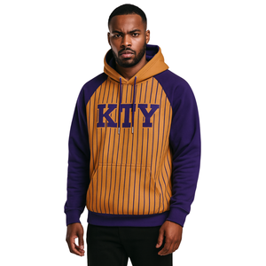 Pinstripes Design Premium Omega Fraternité Old Gold Sweat à capuche et manches raglan violettes avec logo en chenille Divine Nine HBCU Apparel - Product Image 1