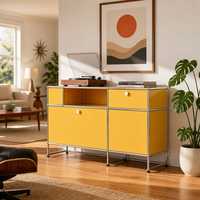 Buffet Modulaire Jaune en Acier avec Cadre Chromé, Meuble de Rangement Bas pour Salon, Console Multimédia
