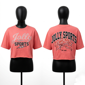 Camiseta Corta para Mujer, Algodón Premium GSM, Color Rosa, Estampado de Transferencia Térmica con Pedrería, Logotipo Personalizado, Tela Suave y Transpirable - Product Image 1