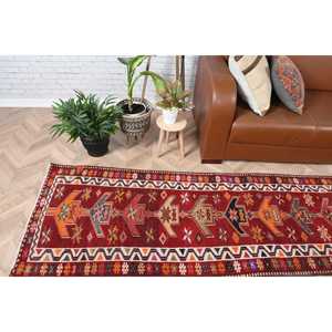 Alfombra Turca Vintage de 2.7x12.9 pies (82x394 cm), Alfombra Herki Roja Naranja con Plantas y Árboles - Product Image 2