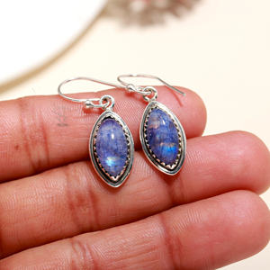 925 Plata de Ley sólida piedra lunar azul pendiente de piedras preciosas pendientes de gota de piedra Natural pendientes hechos a mano naturales personalizados - Product Image 1