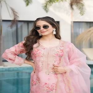 VASTRA COTTAGE Tebby Silk Kurti Pant Dupatta <b>Set</b> <b>for</b> <b>Women</b> Digital Print Embroidery Sequence Moti Work Designer Ethnic Wear - Product Image 1