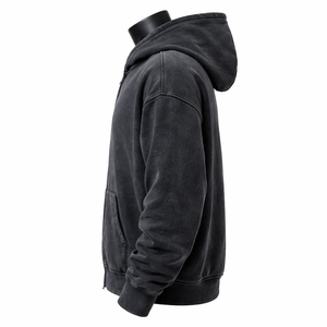 Sudadera con capucha vintage para hombre, con cremallera completa, de forro polar grueso, estilo oversize, con lavado ácido, estilo streetwear, lisa - Product Image 3