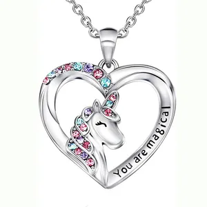 Wholesale Silver Plated Heart Shaped Unicorn Necklace Baby Girls Cute Rhinestones Zircon Unicorn Heart Necklaces For Kids