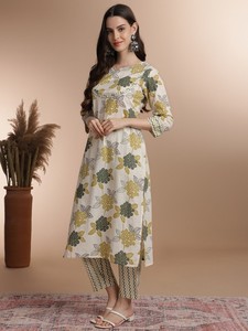 Mujeres floral impreso Gotta Patti detalle puro algodón recto Kurta con pantalón indio Pakistán Salwar kameez traje - Product Image 2