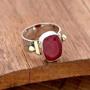 Anillo de rubí 925 Anillo de regalo texturizado de dos tonos facetados de plata - Product Image 3