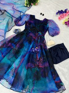 Vestido Anarkali con volantes completos y estampado floral de seda Georgette pesada de último diseñador para mujer, vestidos informales y de fiesta para mujer - Product Image 4