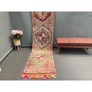 Vintage Turkish Rug, 2.5x10.1 ft <b>Runner</b> Rug, <b>Red</b> Pink Patchwork Rug - Product Image 1