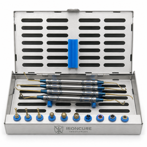 ชุดอุปกรณ์ยกไซนัสทางทันตกรรม IRONCURE INDUSTRIES 14 ชิ้น พร้อมอุปกรณ์ยก, ดอกสว่าน, หัวเจียร และกล่องใส่เครื่องมือโลหะ สีน้ำเงิน ด้ามจับตามหลักสรีรศาสตร์ - Product Image 1