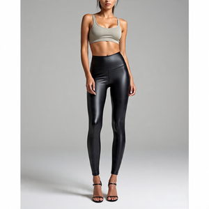 Adult Women's High Waist Shiny <b>Tights</b> PU Leather Custom Leggings Pants | Ladies Casual Sheep Skin Leather Compression Pant - Product Image 3