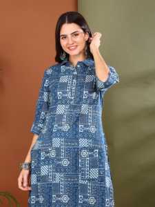 Ensemble Kurta Pantalon Dupatta pour Femmes en Coton à Imprimé Géométrique, Chemise à Col, Manches Trois Quarts, Longueur Cheville, Bleu, Vente en Gros - Product Image 2