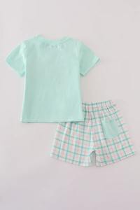 Ensemble short smocké brodé étoile de mer verte tenue d'été confortable pour garçons avec haut à motif solide mignon - Product Image 6