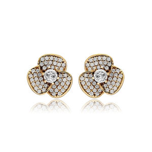 Diseño de forma de flor Clear CZ Stone Auténtico estilo otomano Pendientes de tuerca de plata Venta al por mayor Joyería hecha a mano turca - Product Image 1