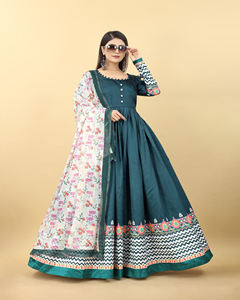 Conjunto de vestido largo indio listo para usar, conjunto de Dupatta, Color Rama, seda Malai, estampado Digital pesado, costura completa para mujer, para bodas informales - Product Image 2