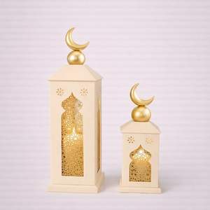 Elegant Metal Ramadan Crescent Lantern Set with Intricate Cutwork Soft Candle Glow Festive Home <b>Table</b> <b>Decor</b> - Product Image 2