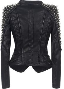 Chaqueta motorista de piel sintética con cremallera asimétrica estilo Punk para mujer personalizada perfectamente moldeada estilo informal Punk remaches tachuelas exterior PU - Product Image 2