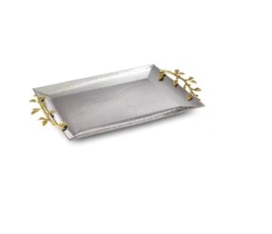 European Design Customized Size Stainless Steel Metal Border <b>Serving</b> Tray Embossed Handles Silver Plated for Chocolates Other - Product Image 1