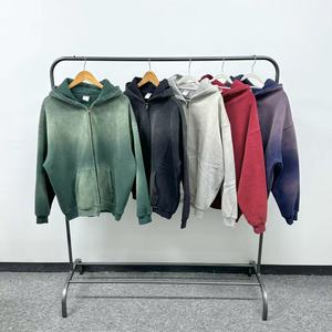 Poids lourd personnalisé surdimensionné fermeture éclair en polaire vierge plaine Streetwear Vintage acide lavage pull en détresse poche sweats à capuche - Product Image 2