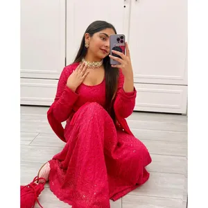 Conjunto de 3 Piezas para Mujer, Estilo Casual, Bordado Chikankari, Algodón Rosa, Manga Larga, Estilo Tradicional Indio, Secado Rápido, Transpirable - Product Image 6