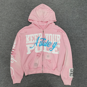 Sudadera con Capucha Personalizada Estilo Streetwear con Pintura en Aerosol, Diseño Desgastado con Pedrería, Cierre de Cremallera, Corte Holgado y Cuadrado, Estilo Serigrafiado para Hombre - Product Image 1