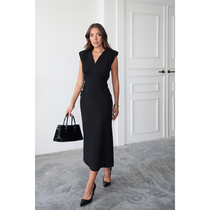 Robe de plongée noire à col en V avec détail de plissé latéral unique pour un look professionnel - Product Image 3